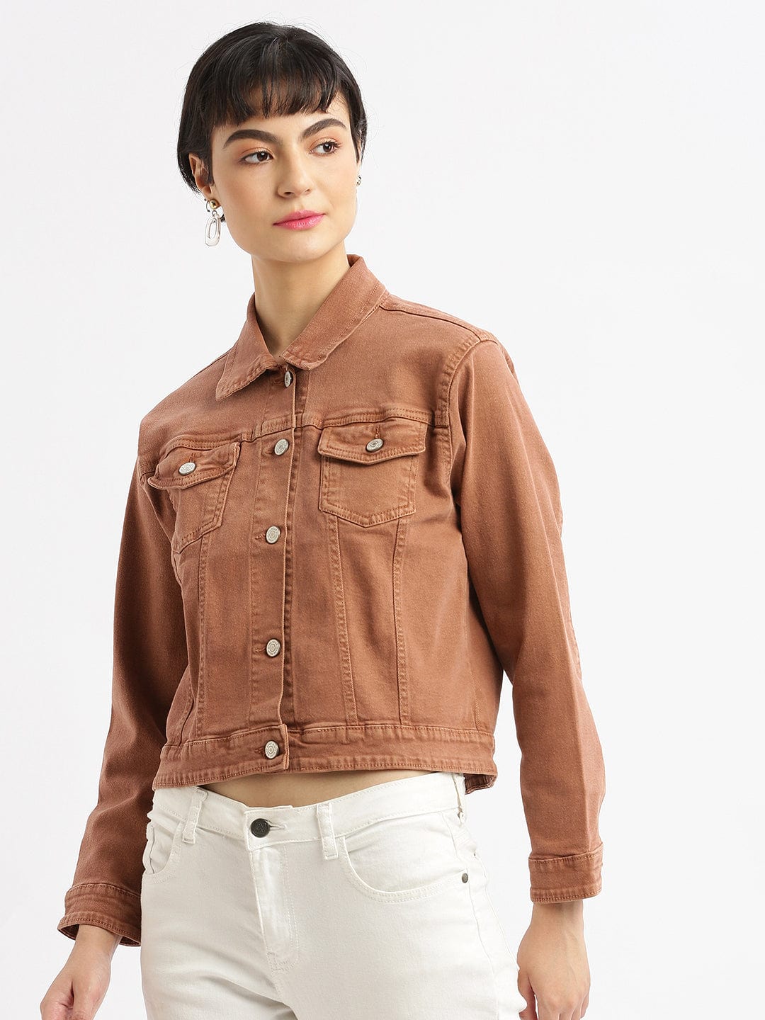 Women's Brown Windcheater Crop Denim Jacket with Embroidered