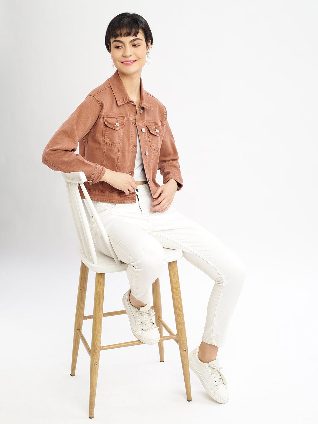 Women's Brown Windcheater Crop Denim Jacket with Embroidered