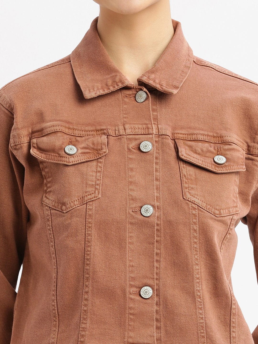 Women's Brown Windcheater Crop Denim Jacket with Embroidered