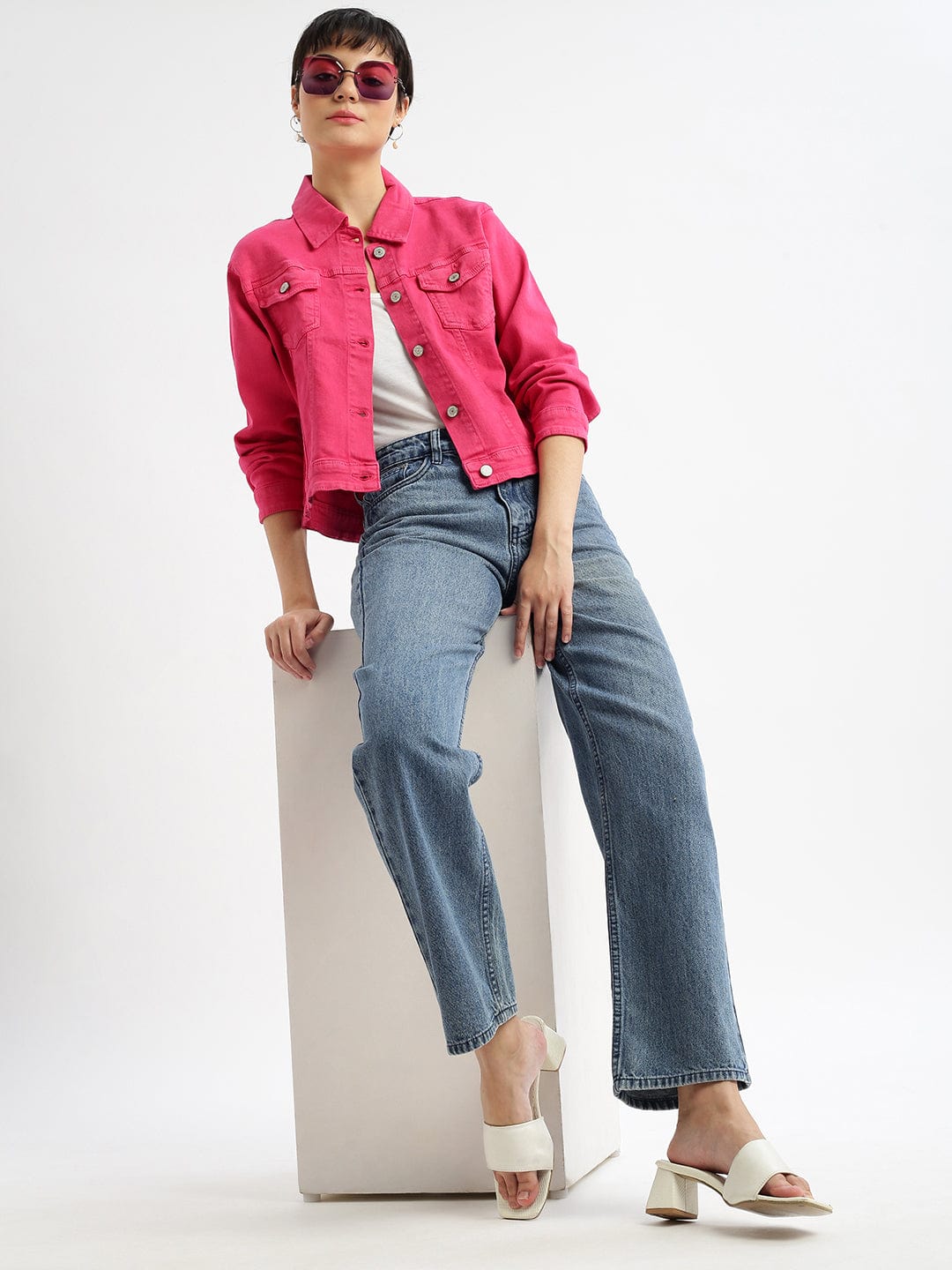 Women's Pink Washed Windcheater Crop Denim Jacket