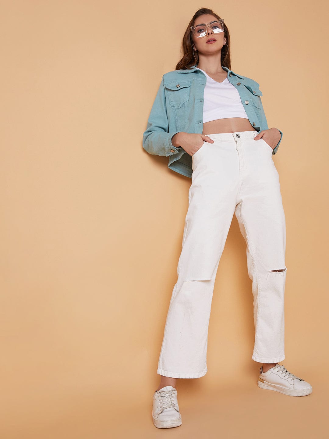 Women's Sea Green Washed Windcheater Crop Denim Jacket with Patchwork
