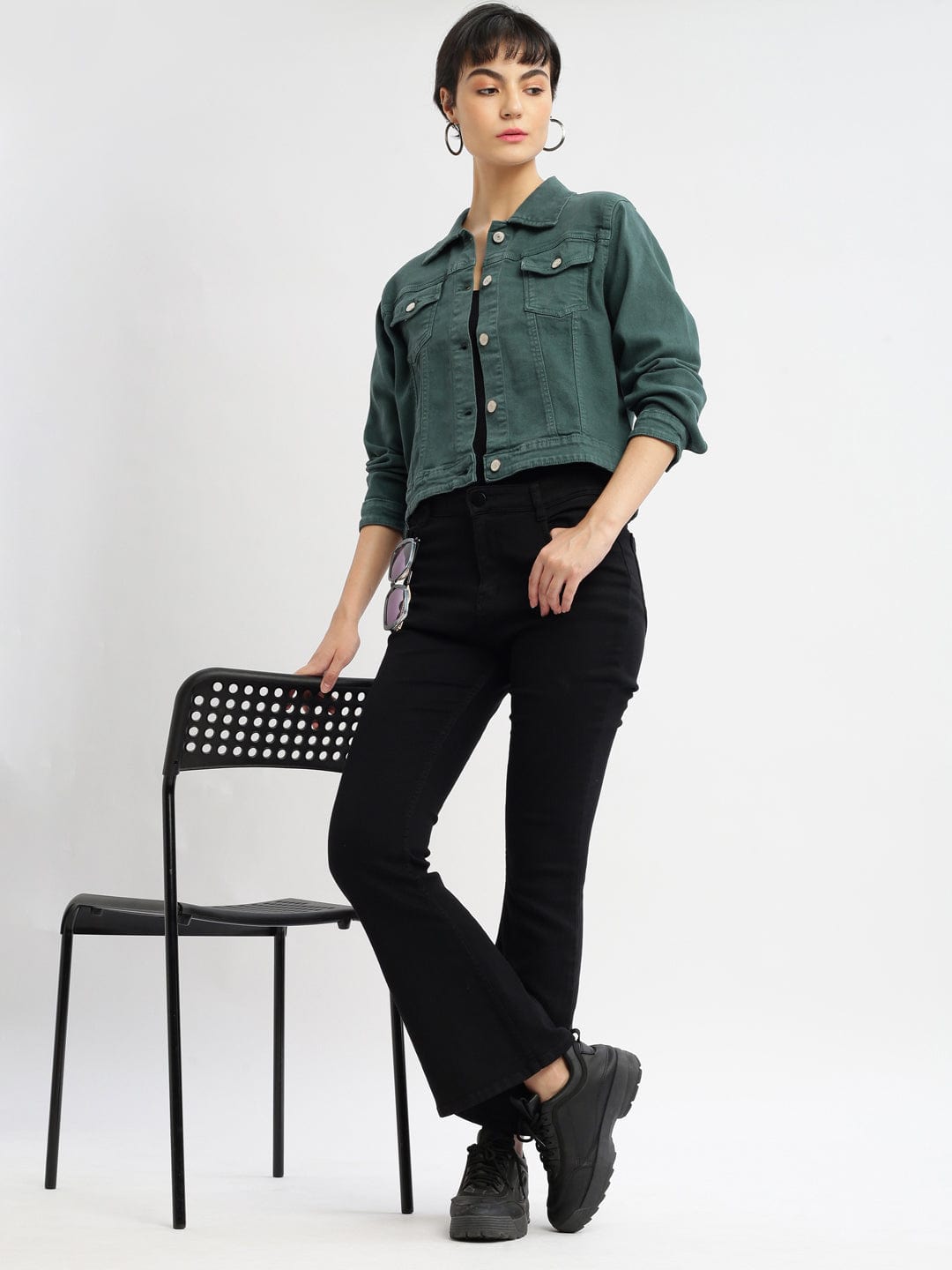 Women's Teal Washed Windcheater Crop Denim Jacket