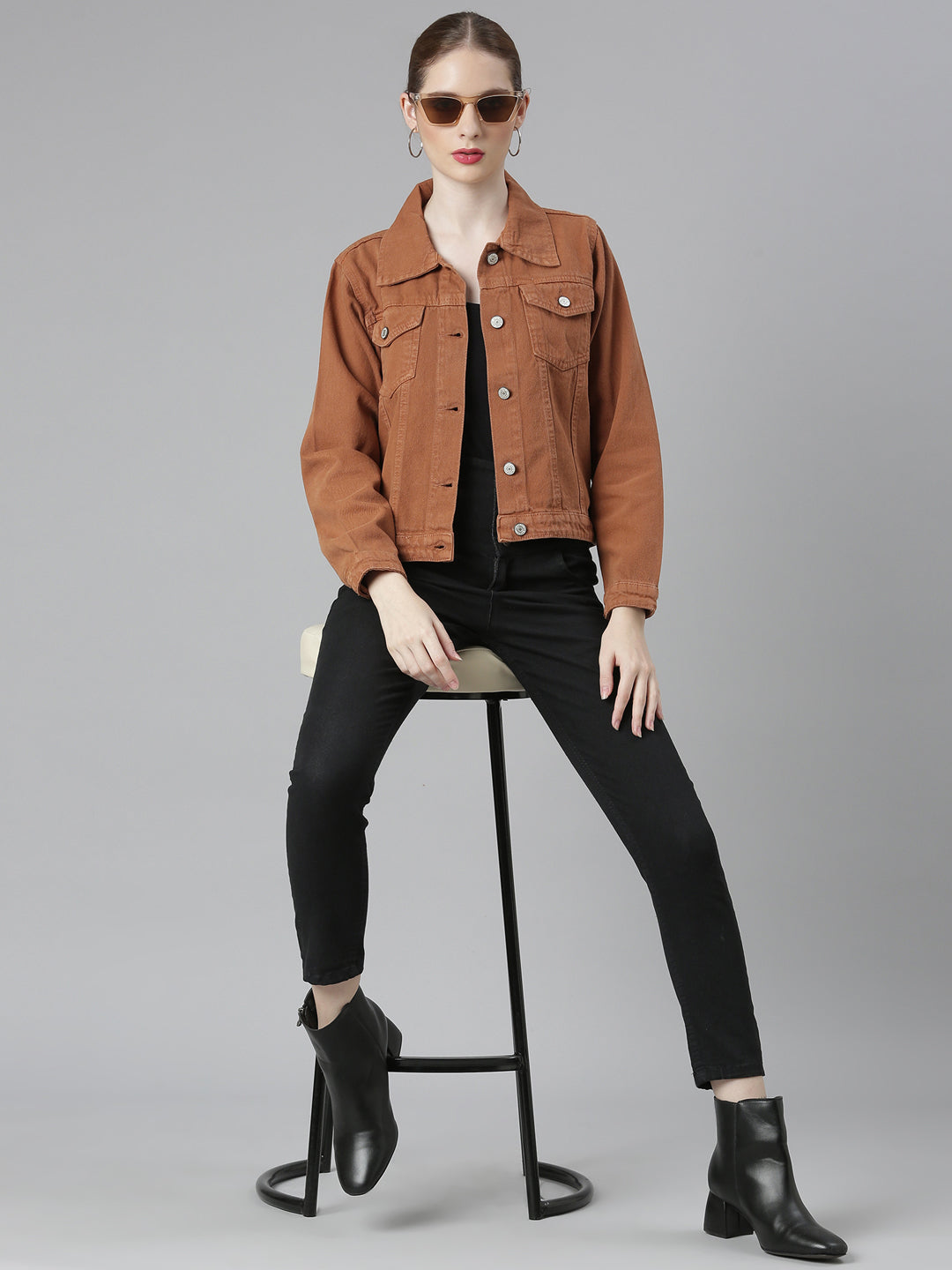 Women's Brown Spread Collar Denim Jacket