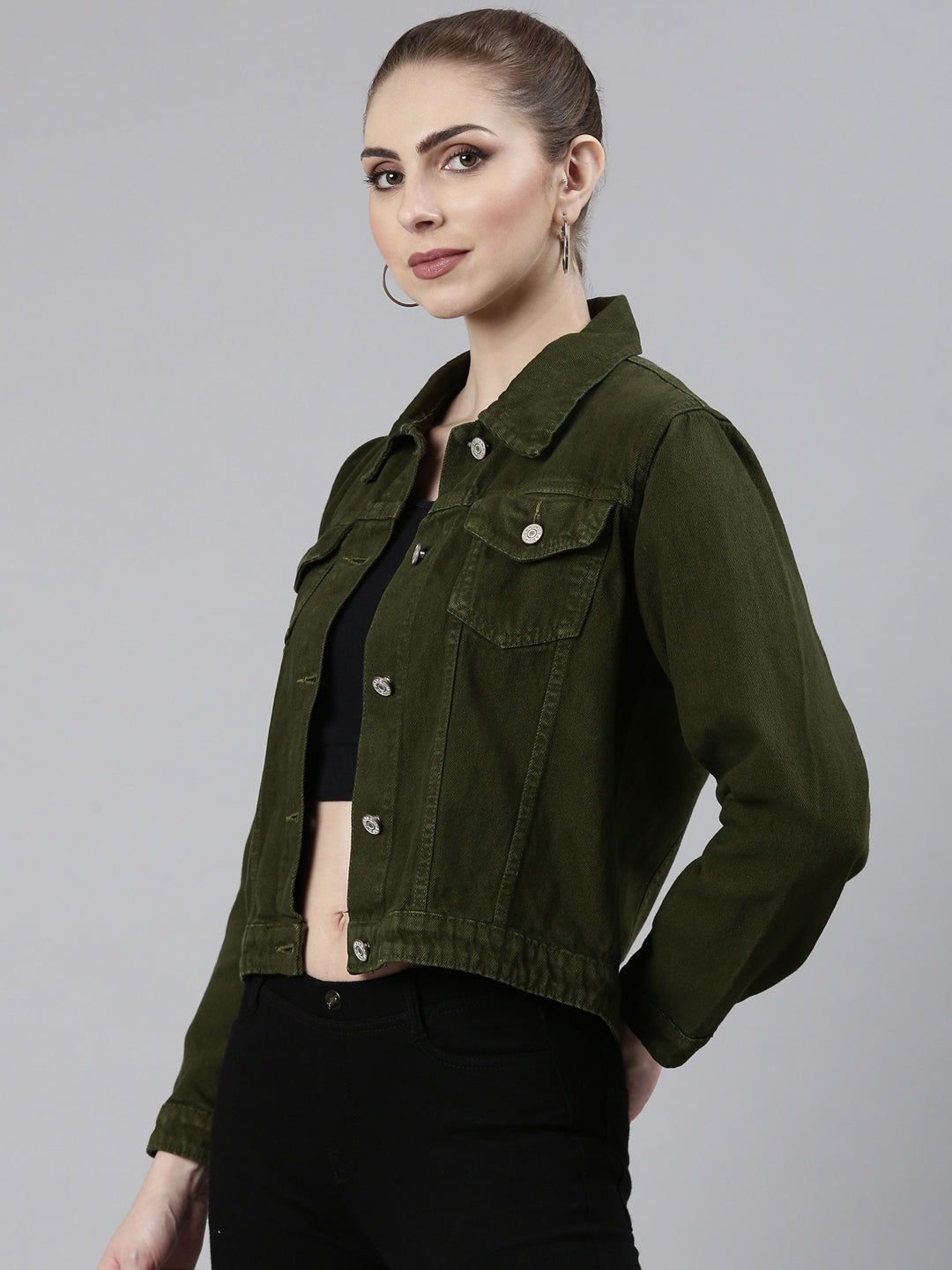 Women's Olive Spread Collar Long Sleeve Studded Denim Jacket