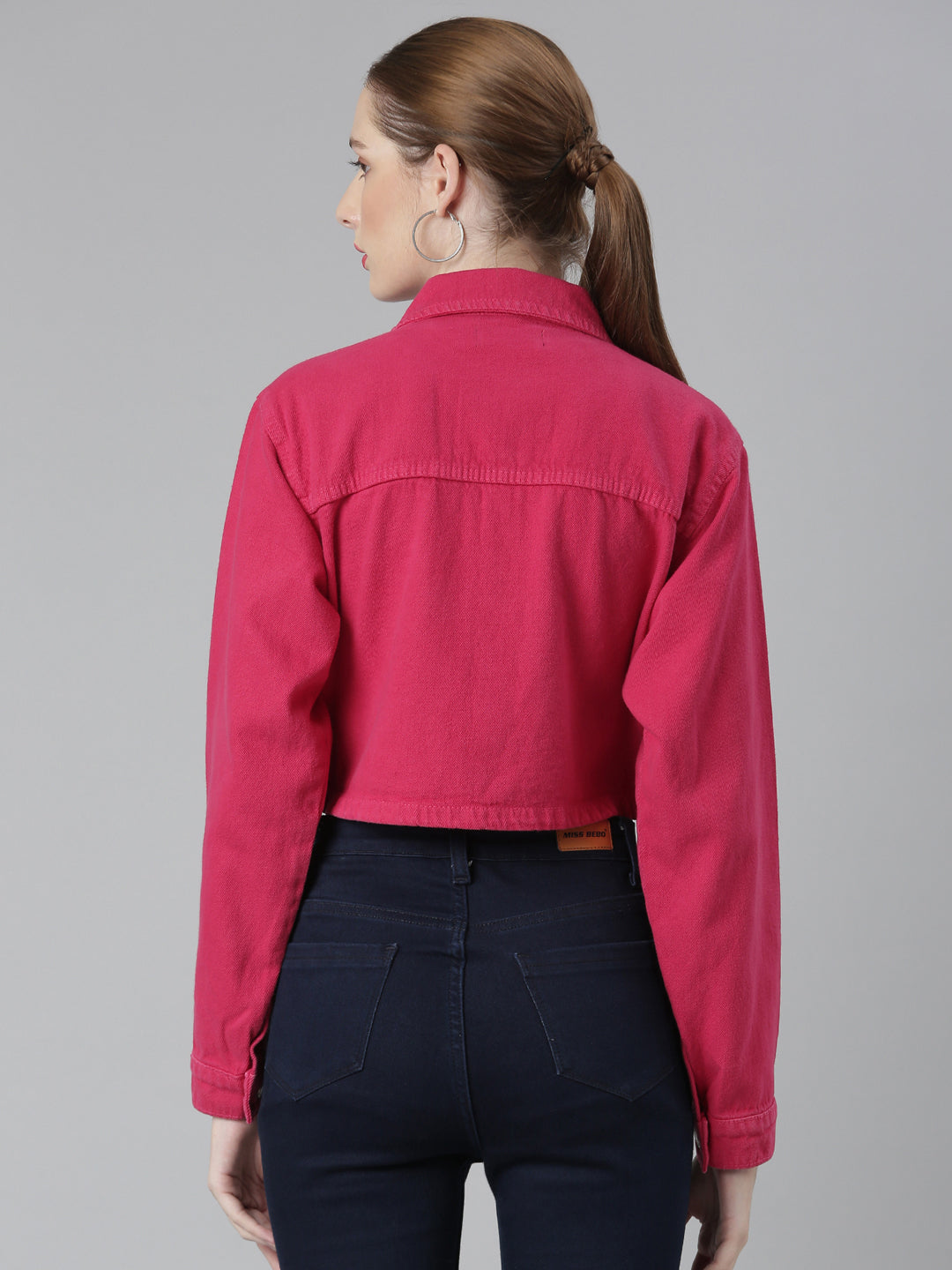 Women's Fuchsia Spread Collar Crop Denim Jacket