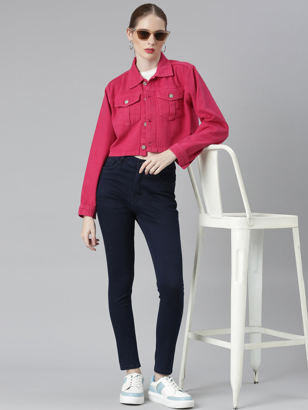 Women's Fuchsia Spread Collar Crop Denim Jacket