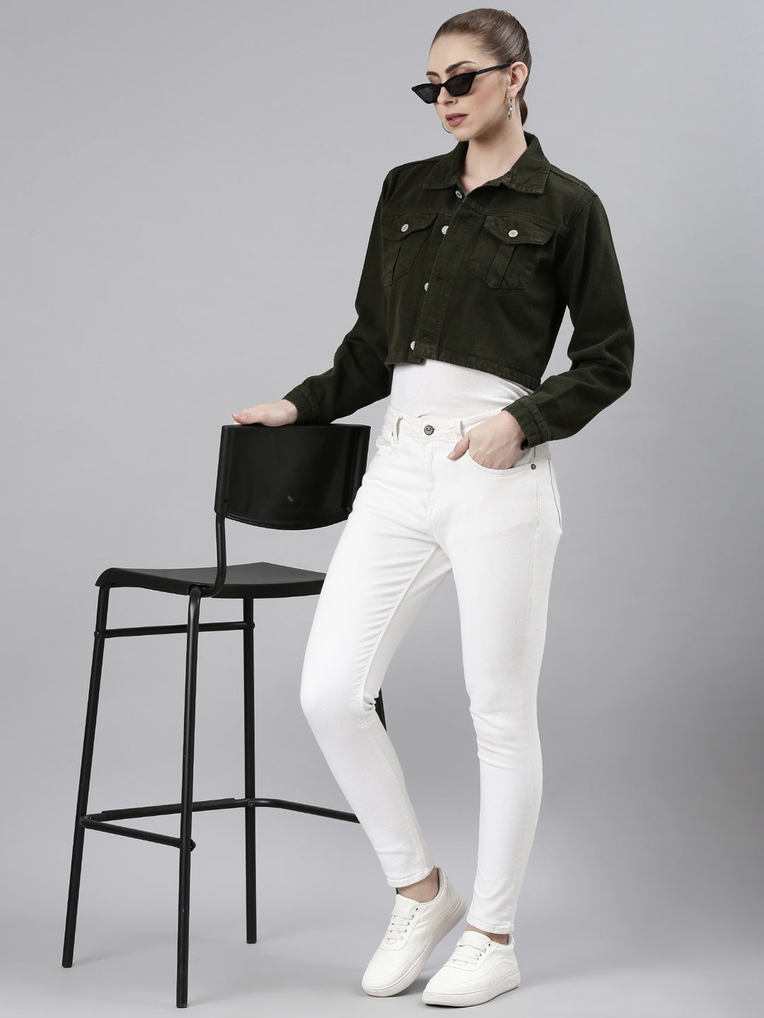 Women's Olive Crop Oversized Denim Jacket