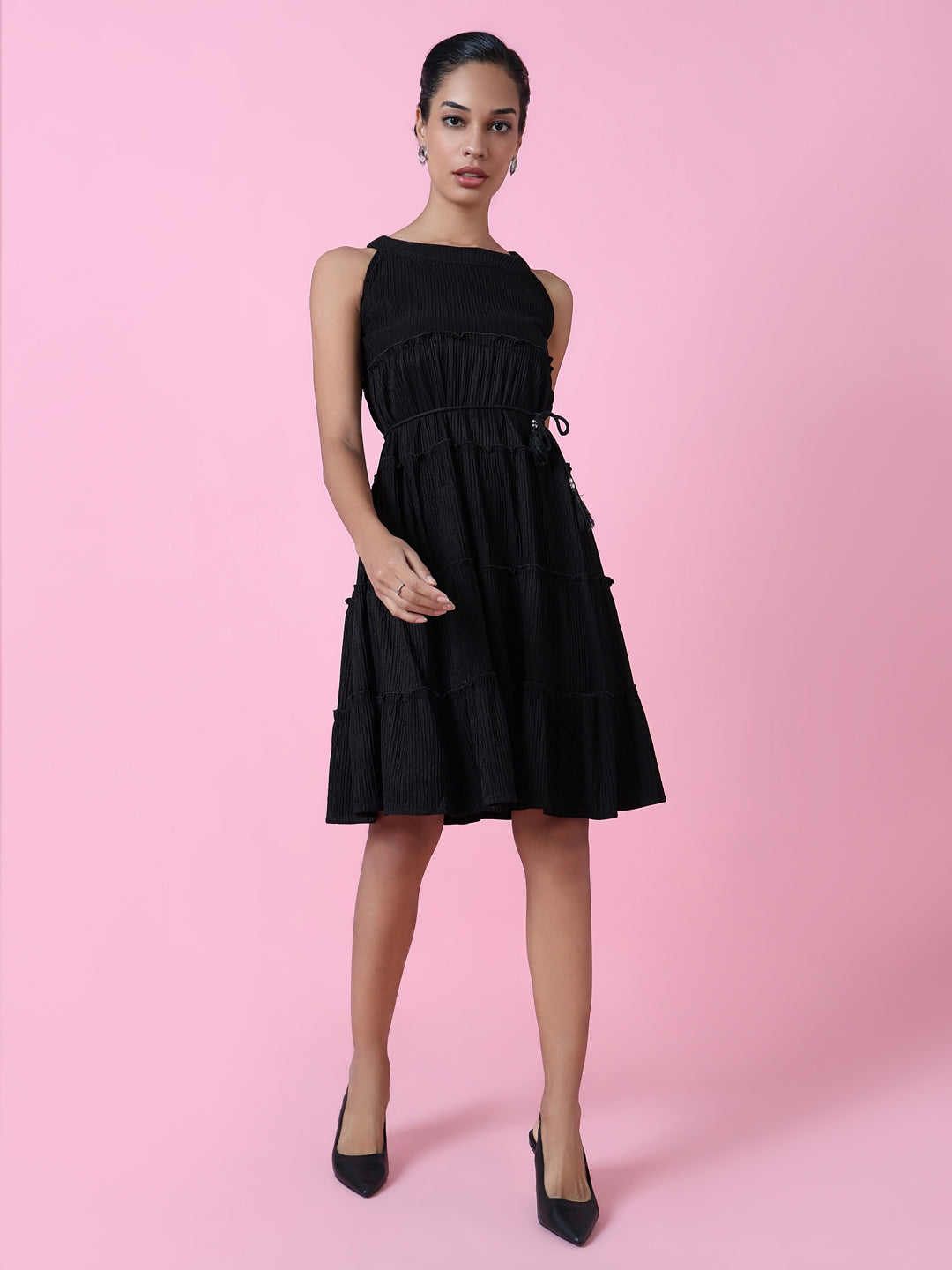 Women's Black Layered Solid Crepe Fit & Flare Dress