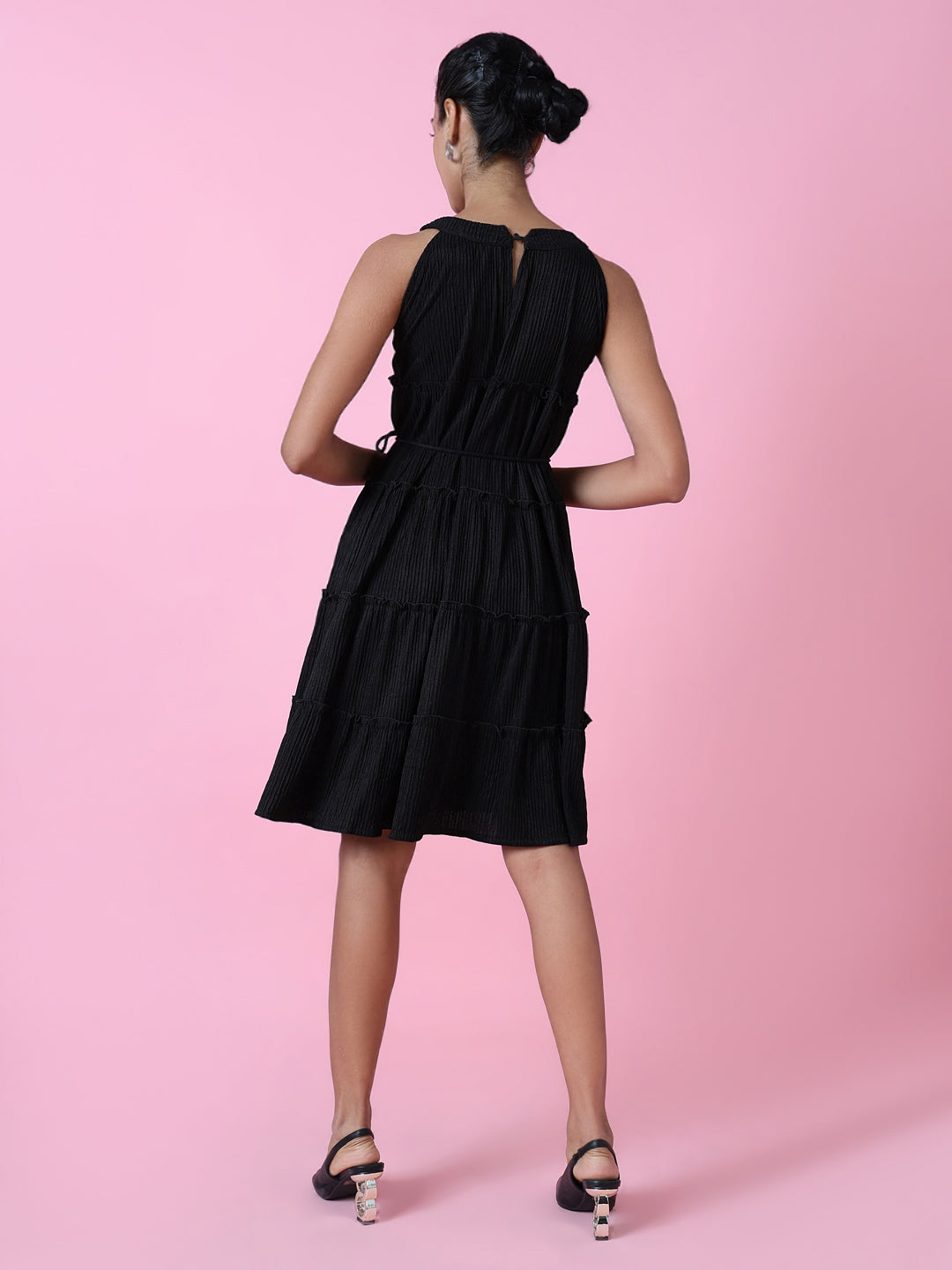 Women's Black Layered Solid Crepe Fit & Flare Dress