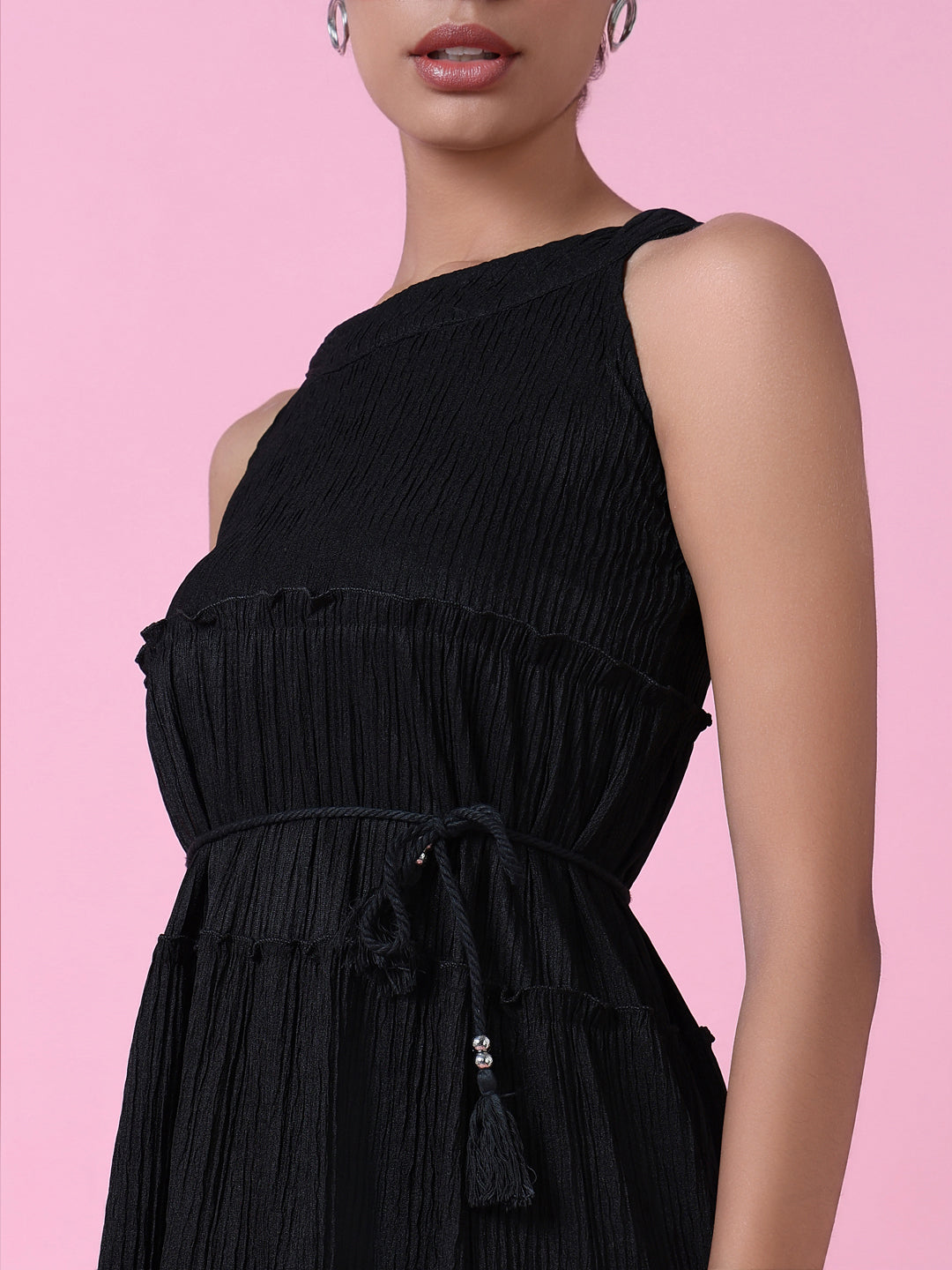 Women's Black Layered Solid Crepe Fit & Flare Dress