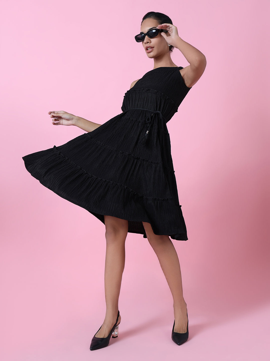 Women's Black Layered Solid Crepe Fit & Flare Dress