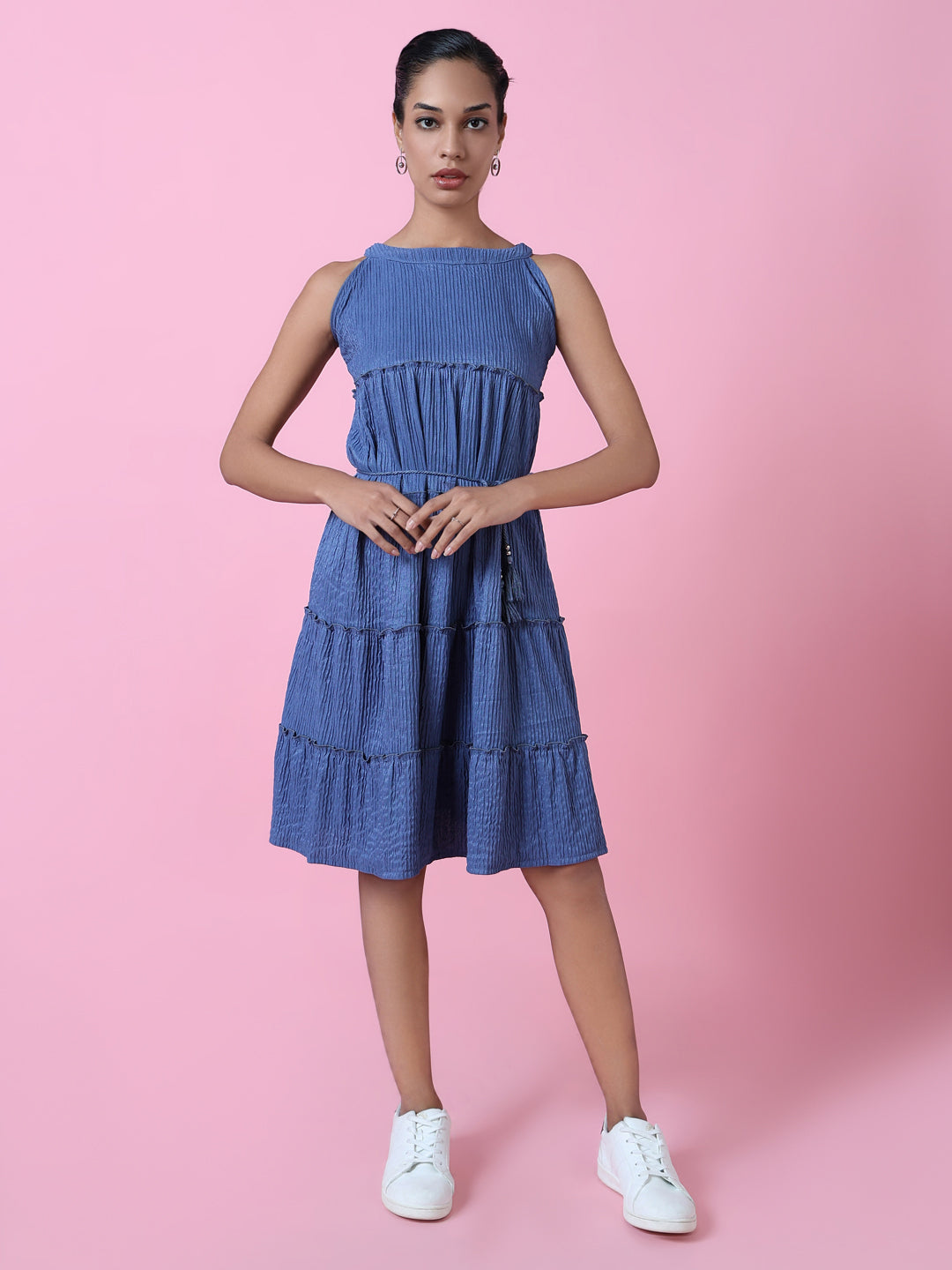 Women's Blue Solid Fit and Flare Dress