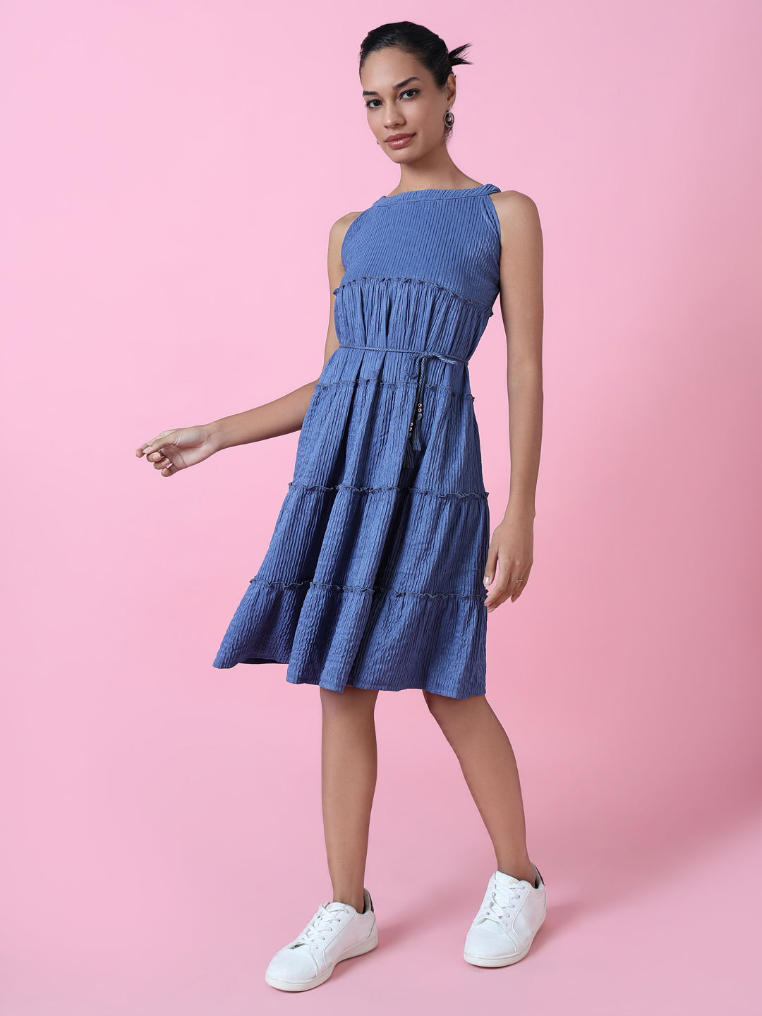 Women's Blue Solid Fit and Flare Dress