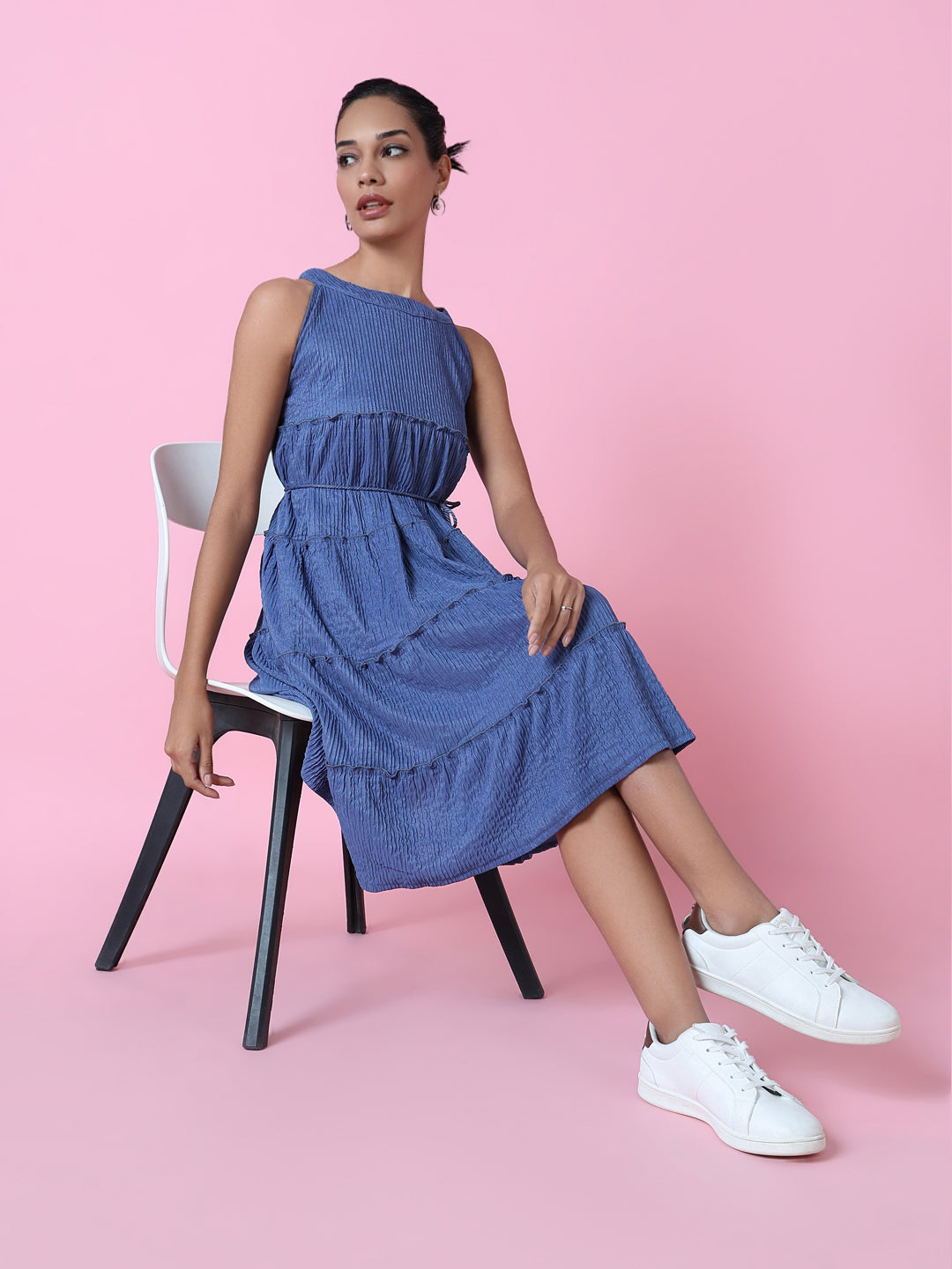 Women's Blue Solid Fit and Flare Dress