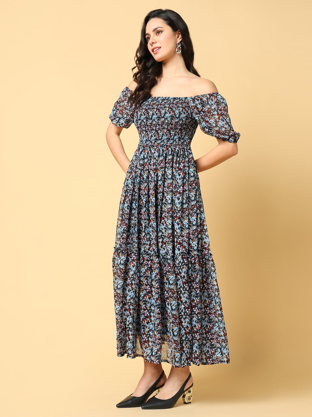 Women's Black Floral Print Off-Shoulder Puff Sleeve Georgette Fit & Flare Midi Dress