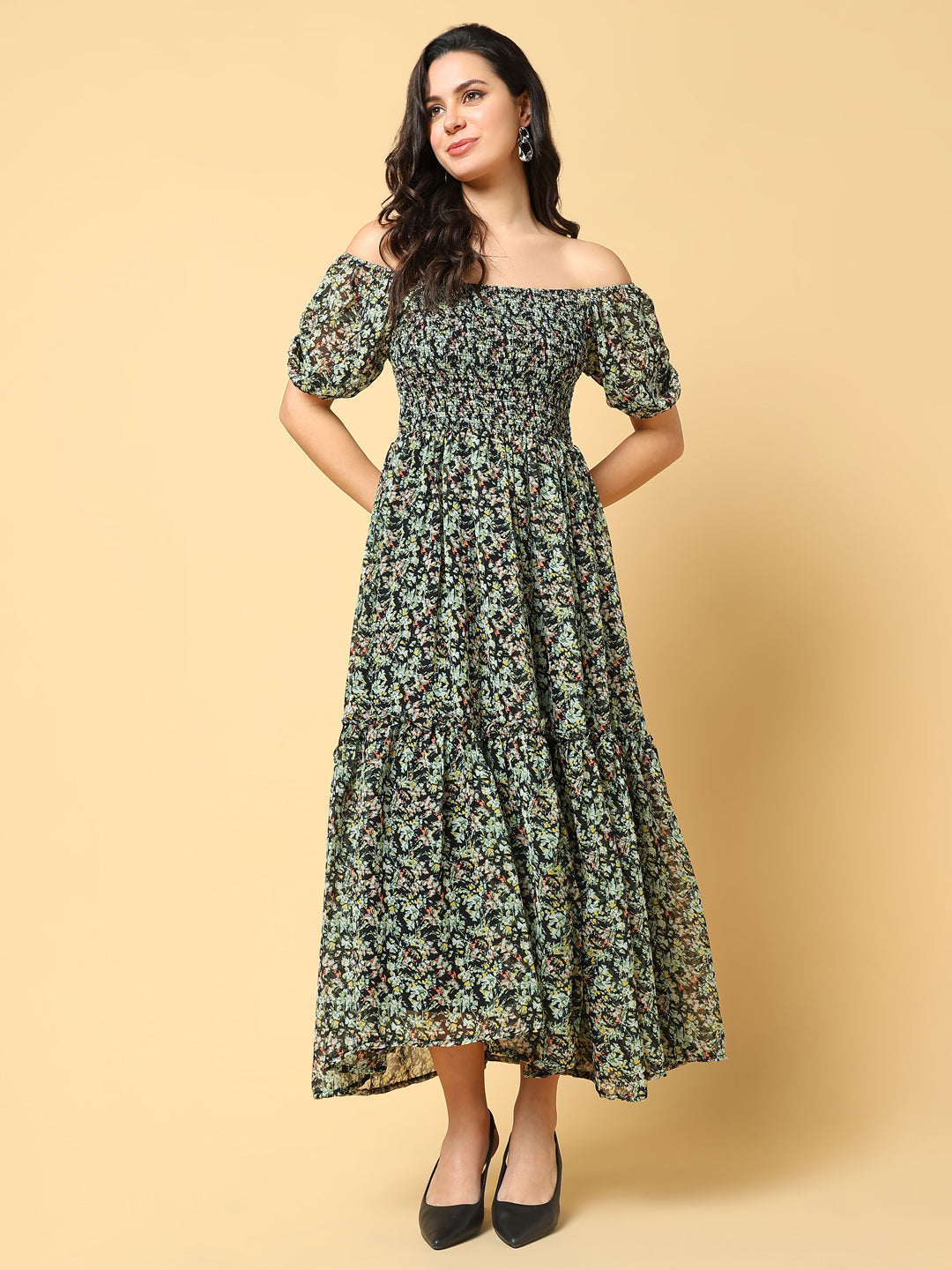Women's Green Floral Printed Off-Shoulder Puff Sleeve Fit & Flare Maxi Dress