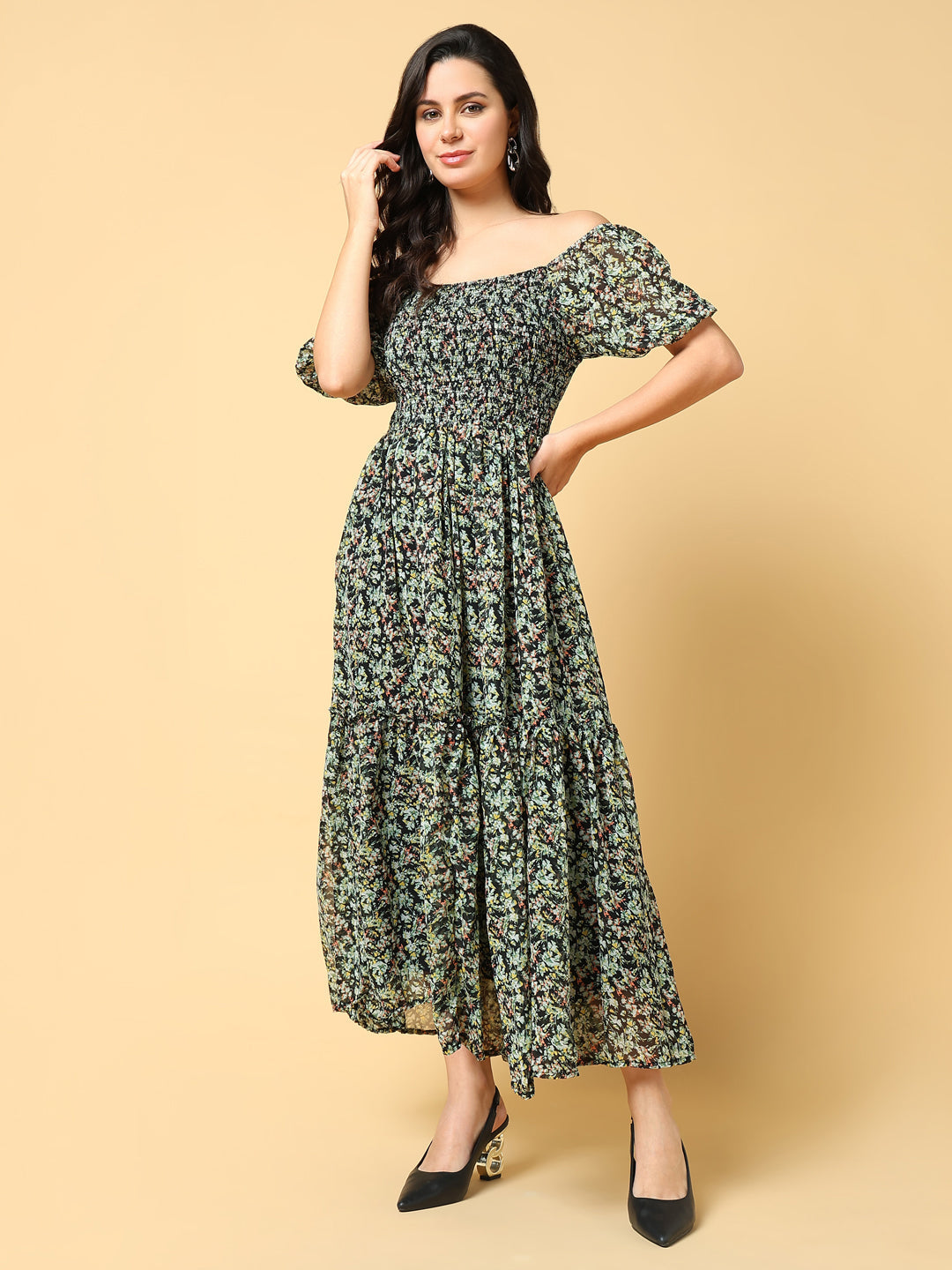 Women's Green Floral Printed Off-Shoulder Puff Sleeve Fit & Flare Maxi Dress