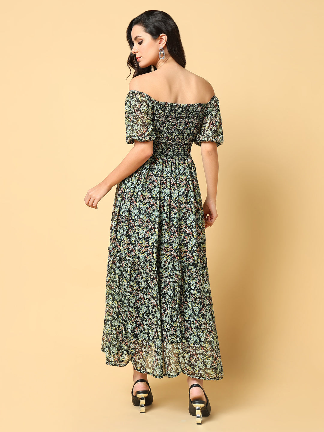 Women's Green Floral Printed Off-Shoulder Puff Sleeve Fit & Flare Maxi Dress