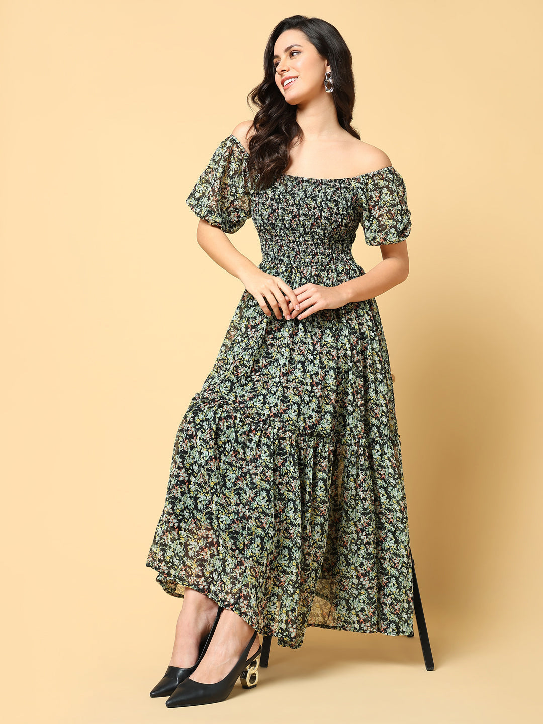 Women's Green Floral Printed Off-Shoulder Puff Sleeve Fit & Flare Maxi Dress