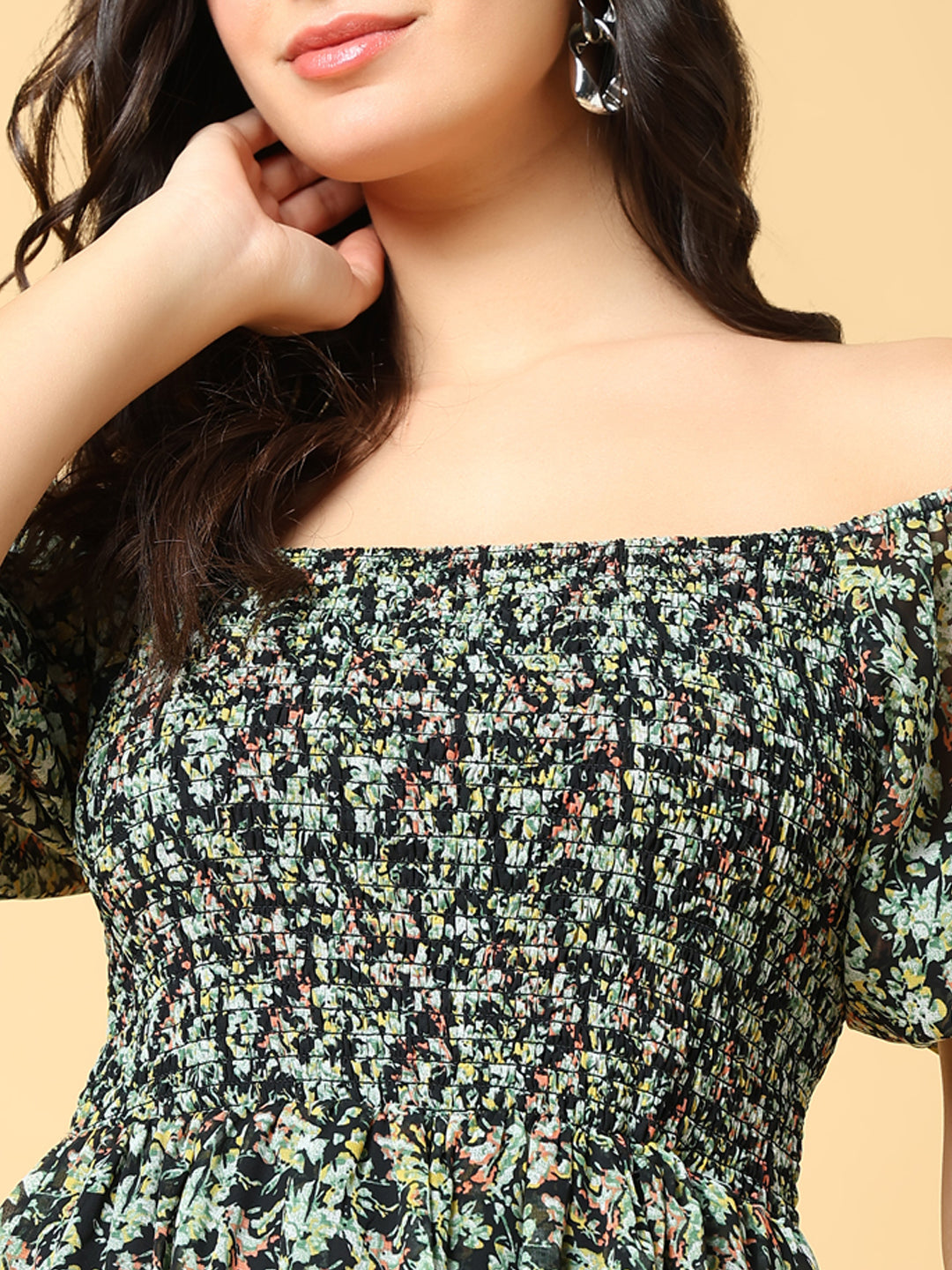 Women's Green Floral Printed Off-Shoulder Puff Sleeve Fit & Flare Maxi Dress