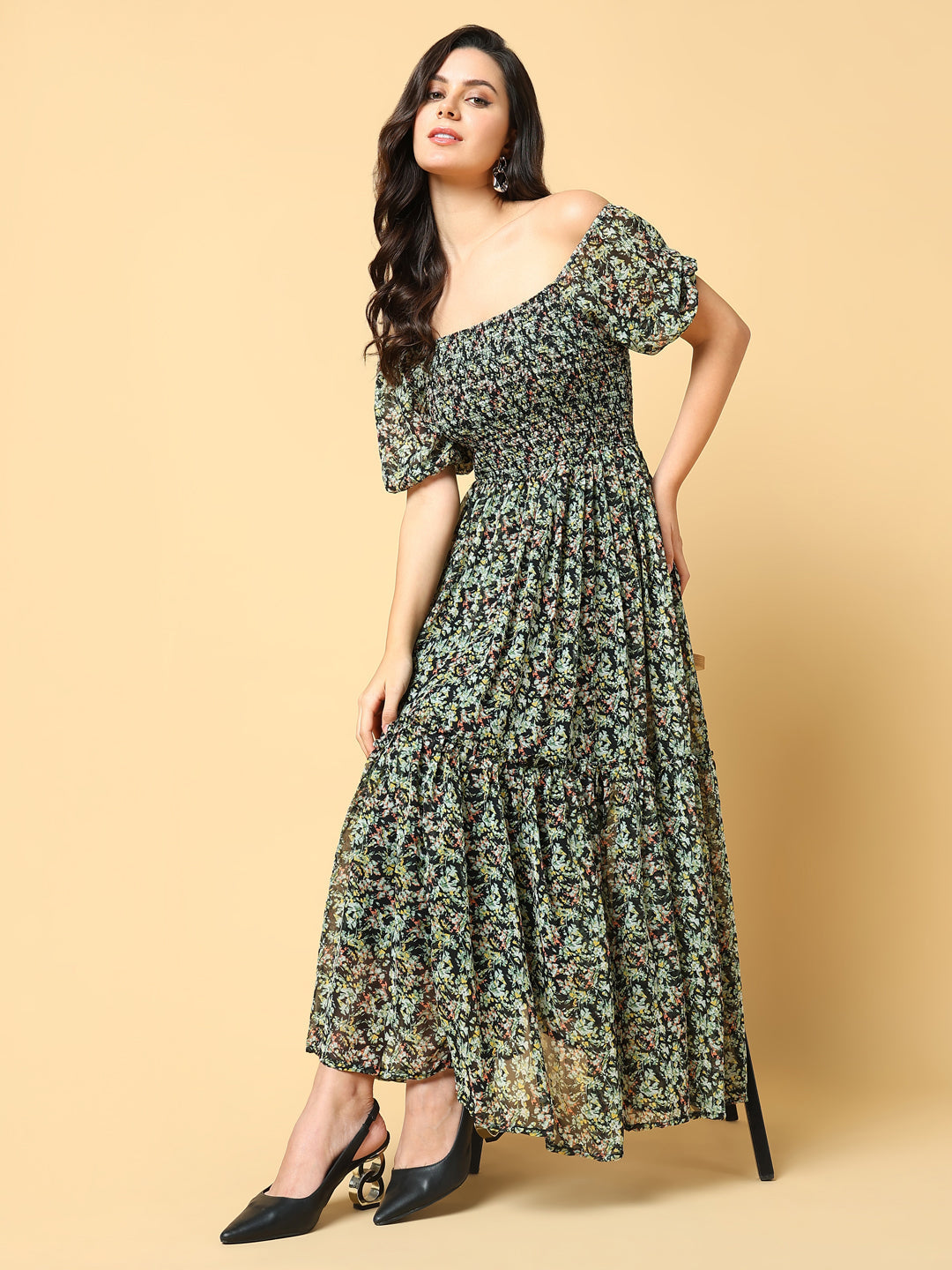 Women's Green Floral Printed Off-Shoulder Puff Sleeve Fit & Flare Maxi Dress