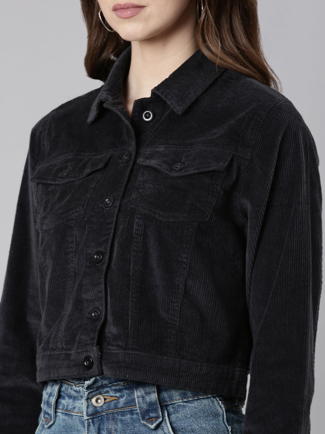 Women's Charcoal Spread Collar Corduroy Tailored Jacket