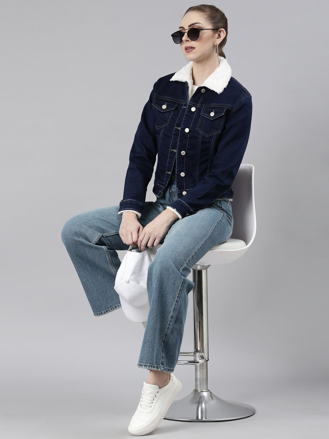 Women's Navy Blue Crop Denim Jacket With Faux Fur