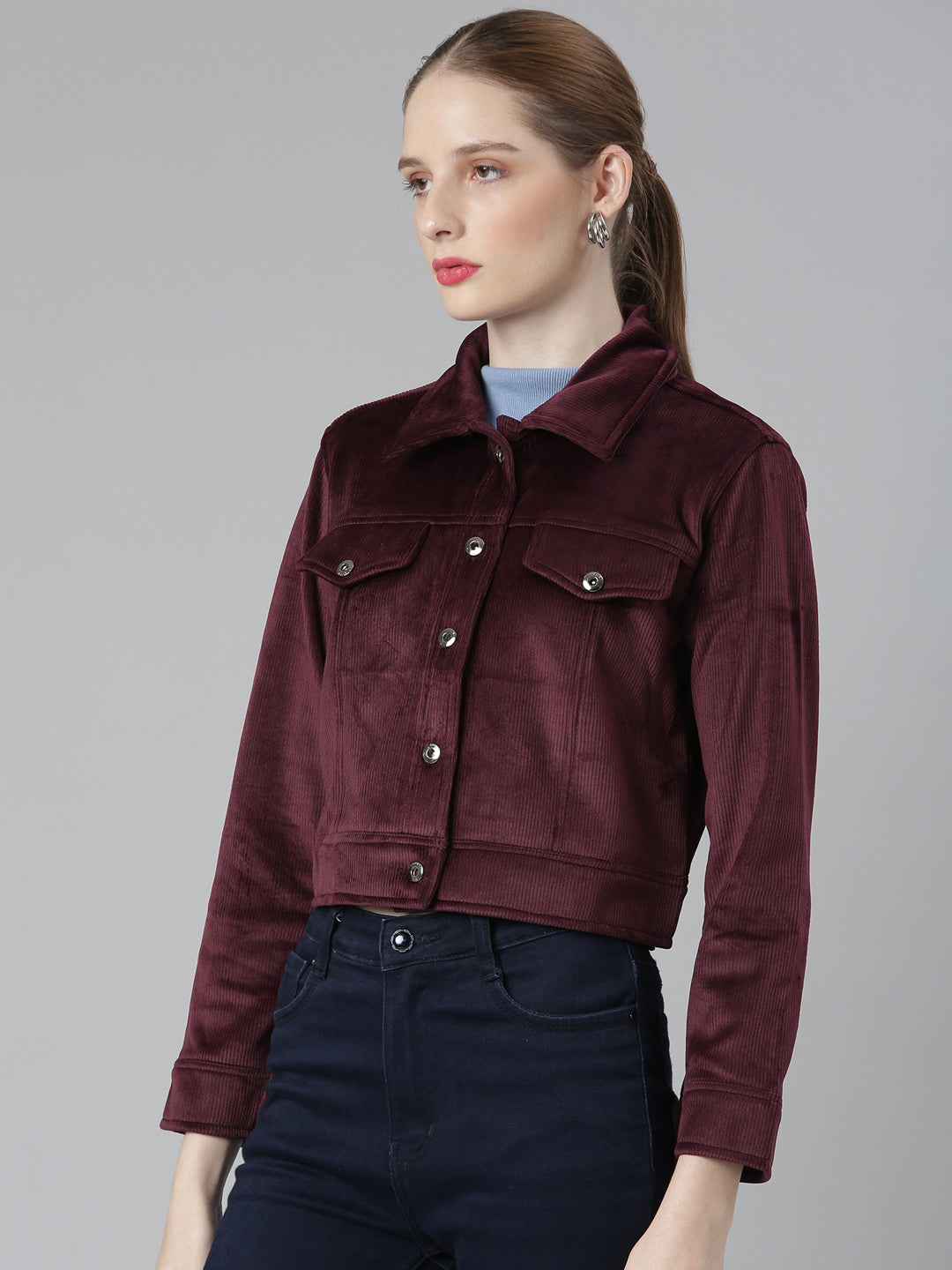 Women's Magenta Corduroy Crop Denim Jacket