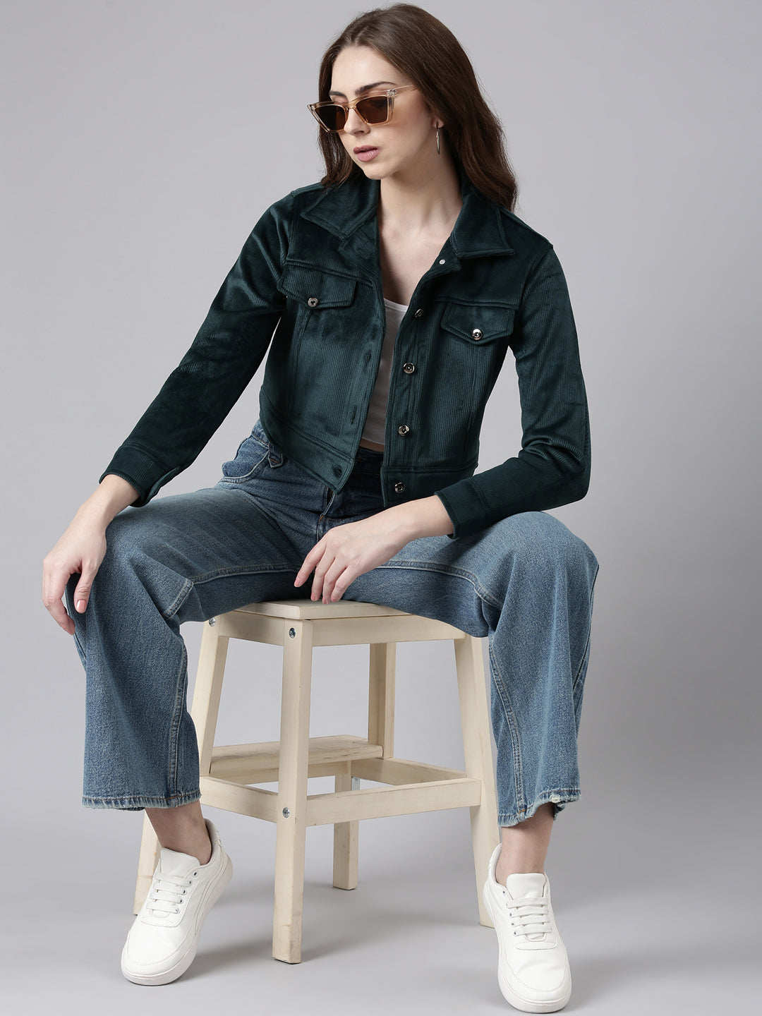 Women's Teal Corduroy Crop Tailored Jacket