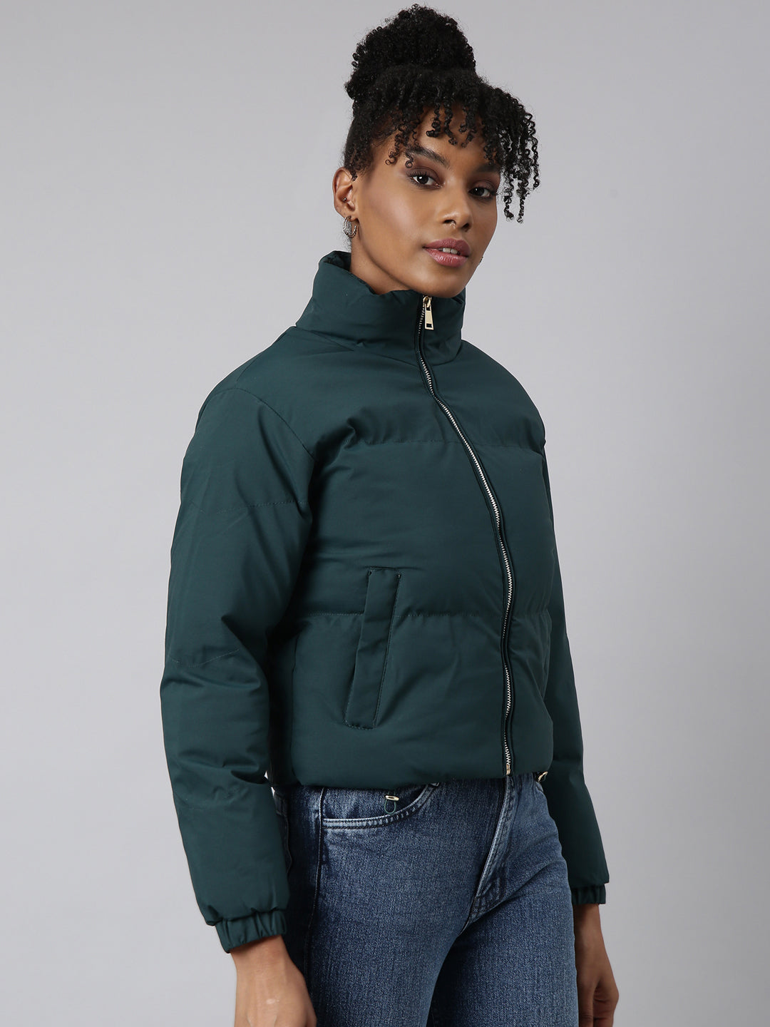 Women's Green Mock Collar Windcheater Crop Padded Jacket