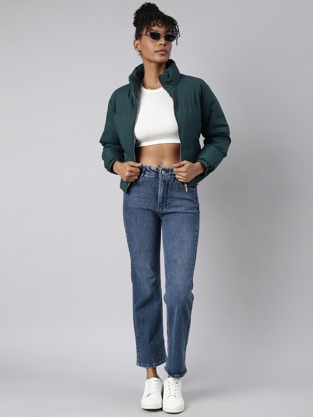 Women's Green Mock Collar Windcheater Crop Padded Jacket