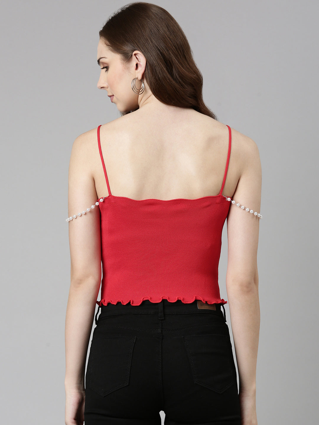 Women's Red Shoulder Straps Cotton Fitted Crop Top