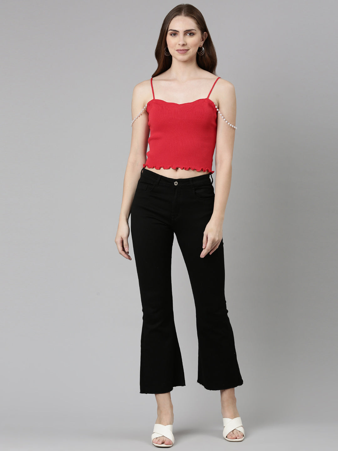 Women's Red Shoulder Straps Cotton Fitted Crop Top