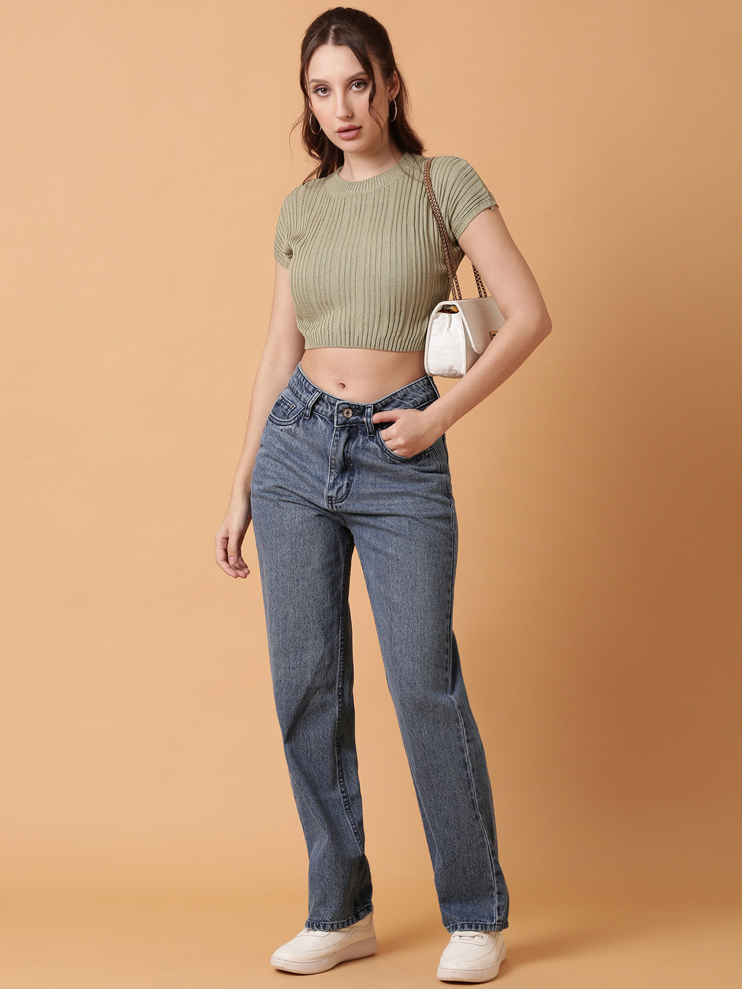 Women's Green Blouson Crop Top