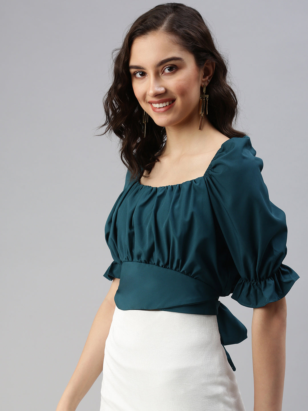 Women's Green Crepe Crop Top