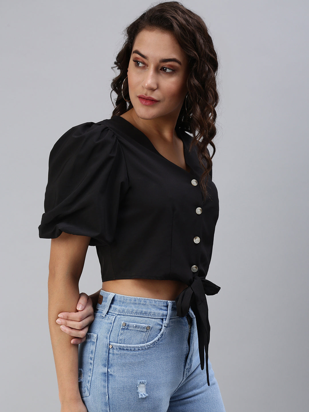 Women's Black Crepe Crop Waist Tie-Ups Top
