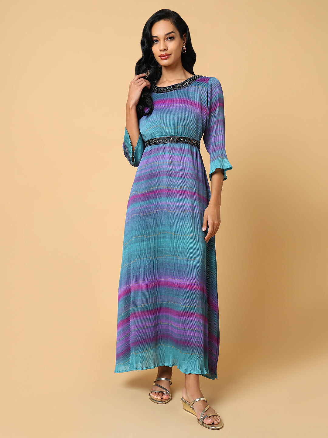 Women's Dyed Green Maxi Dress with Belt