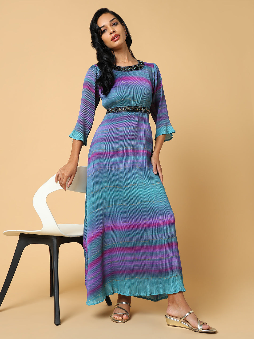 Women's Dyed Green Maxi Dress with Belt