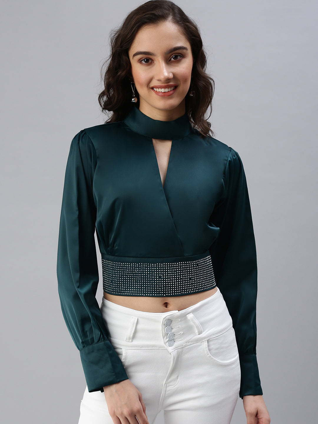 Women's Green Choker Neck Embellished Cinched Waist Crop Top