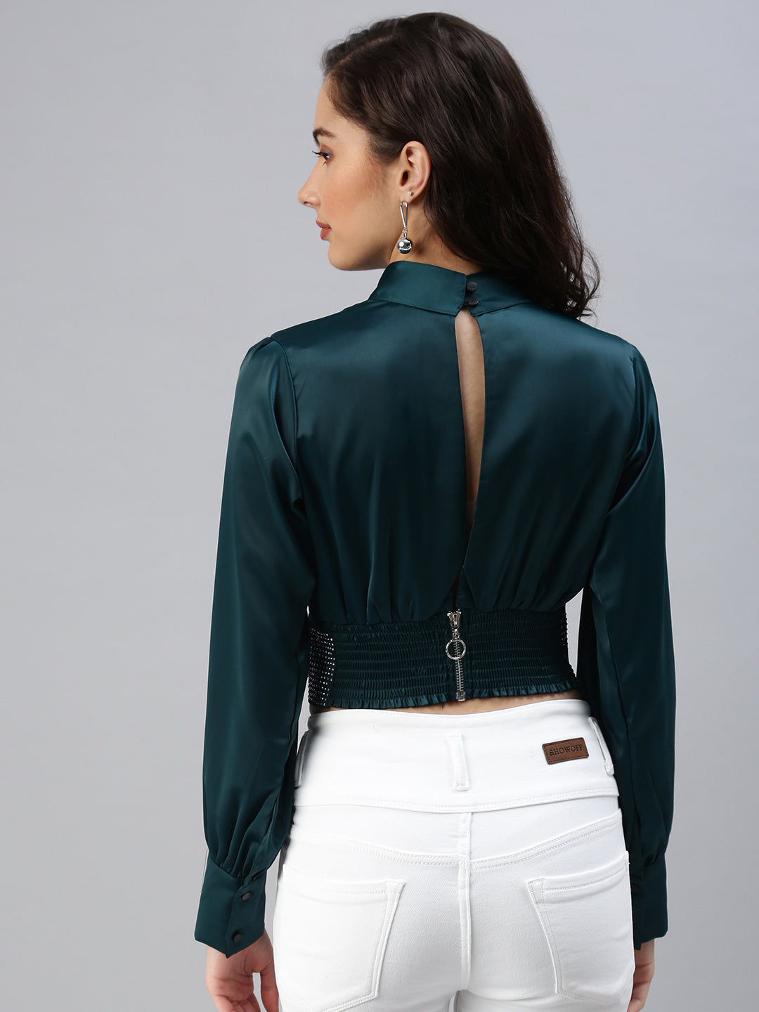 Women's Green Choker Neck Embellished Cinched Waist Crop Top