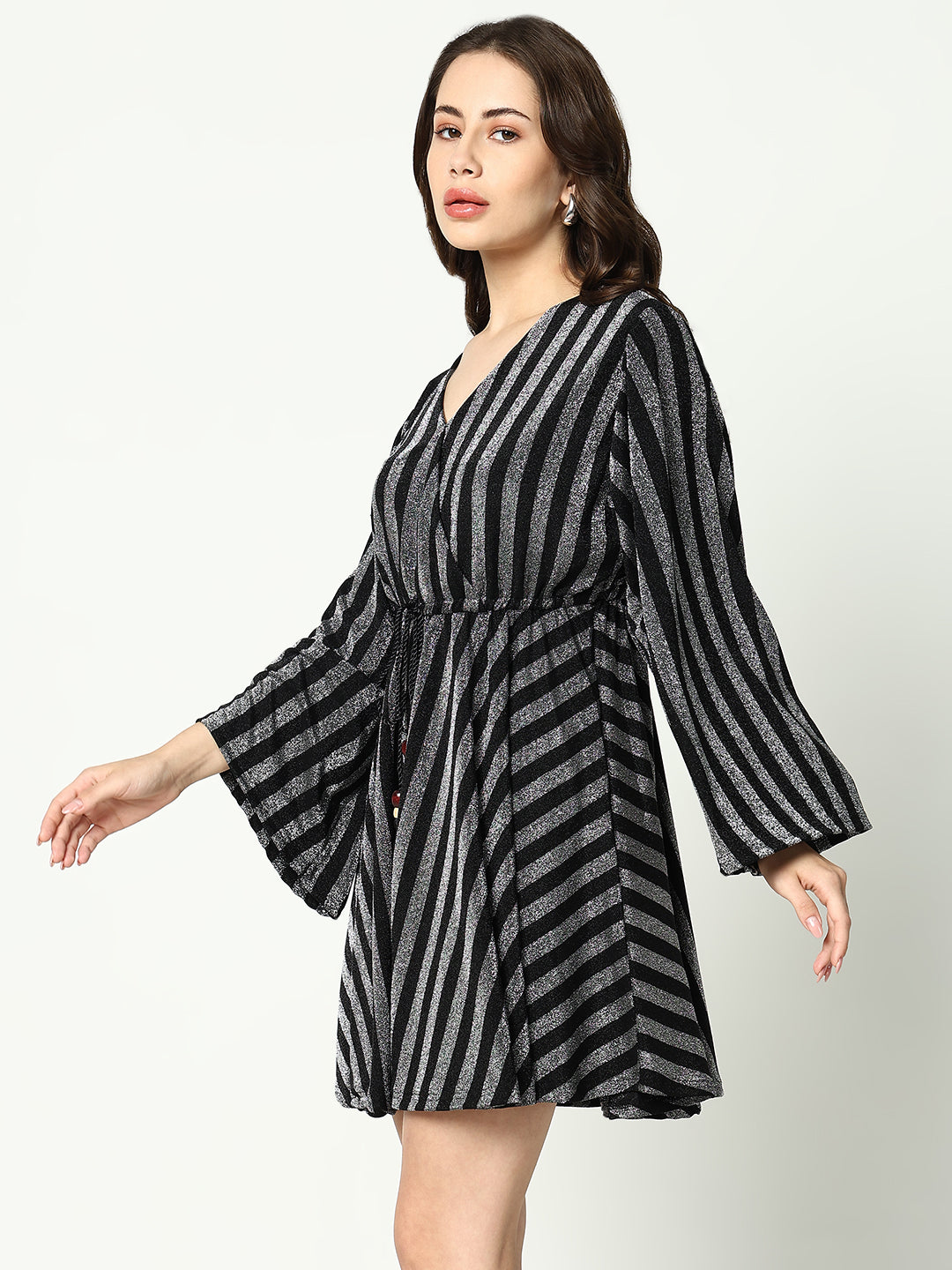 Women's V-Neck Striped Empire Silver Dress