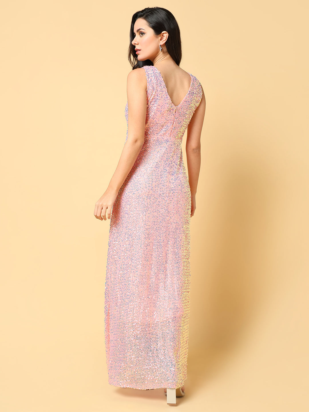 Women's Peach Embellished Net A-Line Maxi Dress