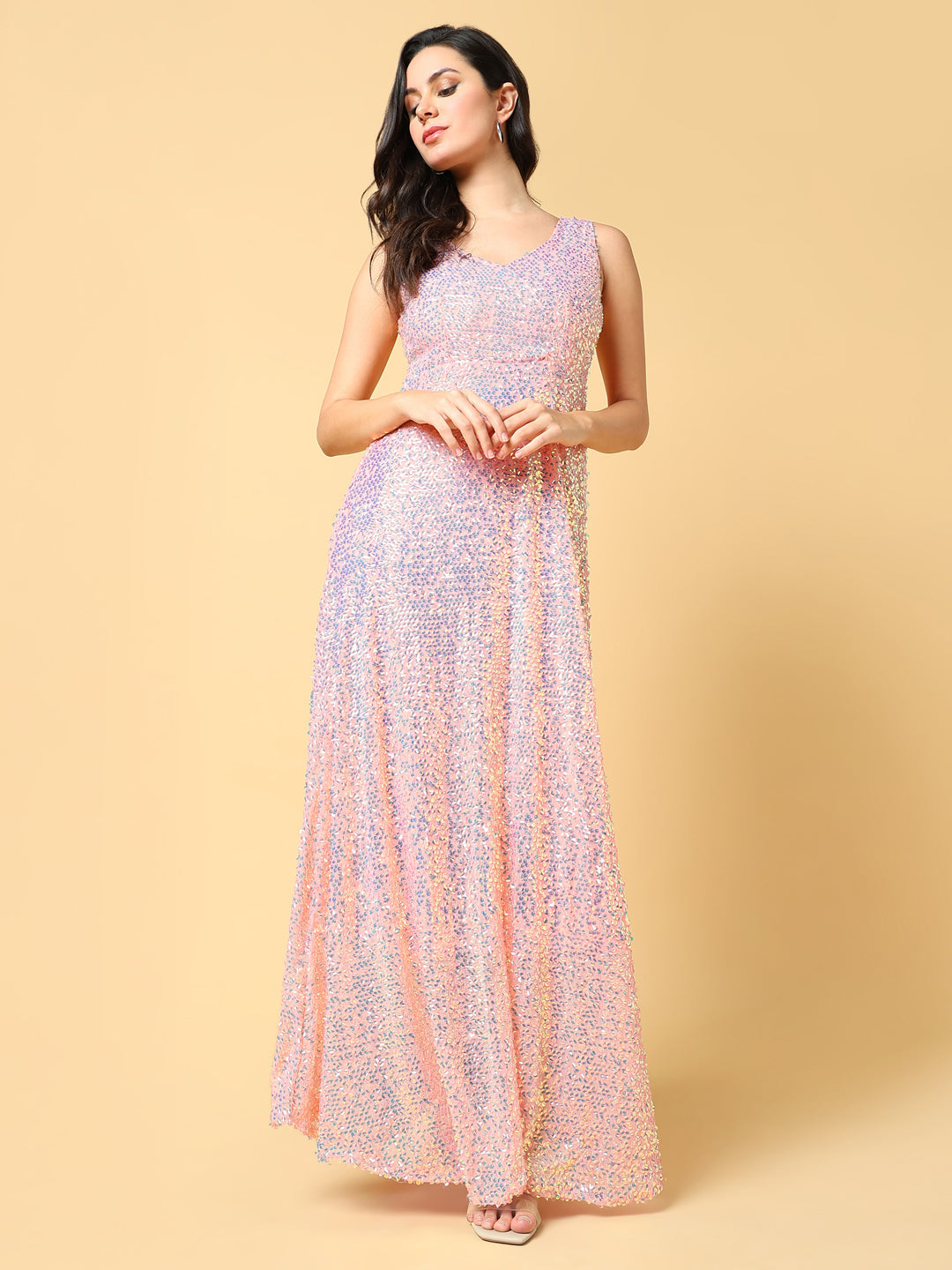 Women's Peach Embellished Net A-Line Maxi Dress