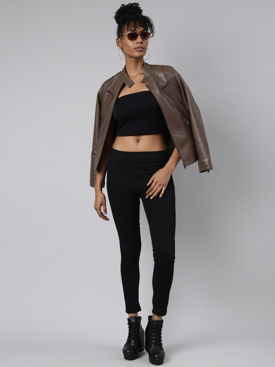 Women's Brown Windcheater Stand Collar Biker Jacket