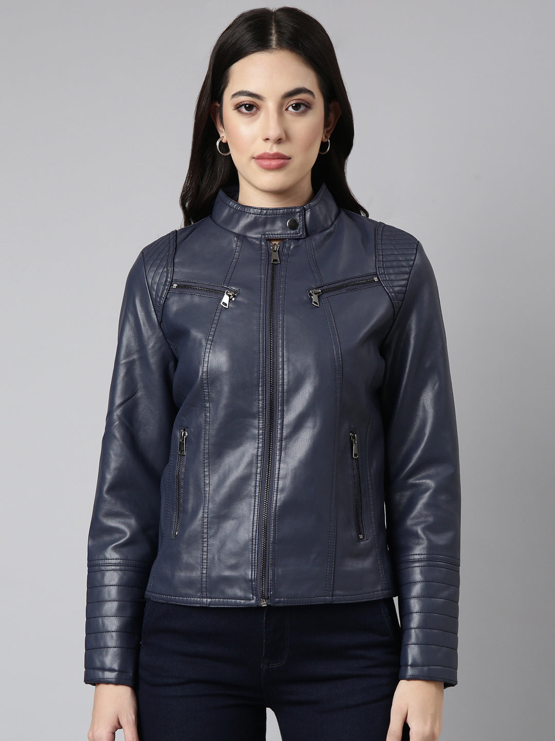 Women's Navy Blue Stand Collar Windcheater Biker Jacket