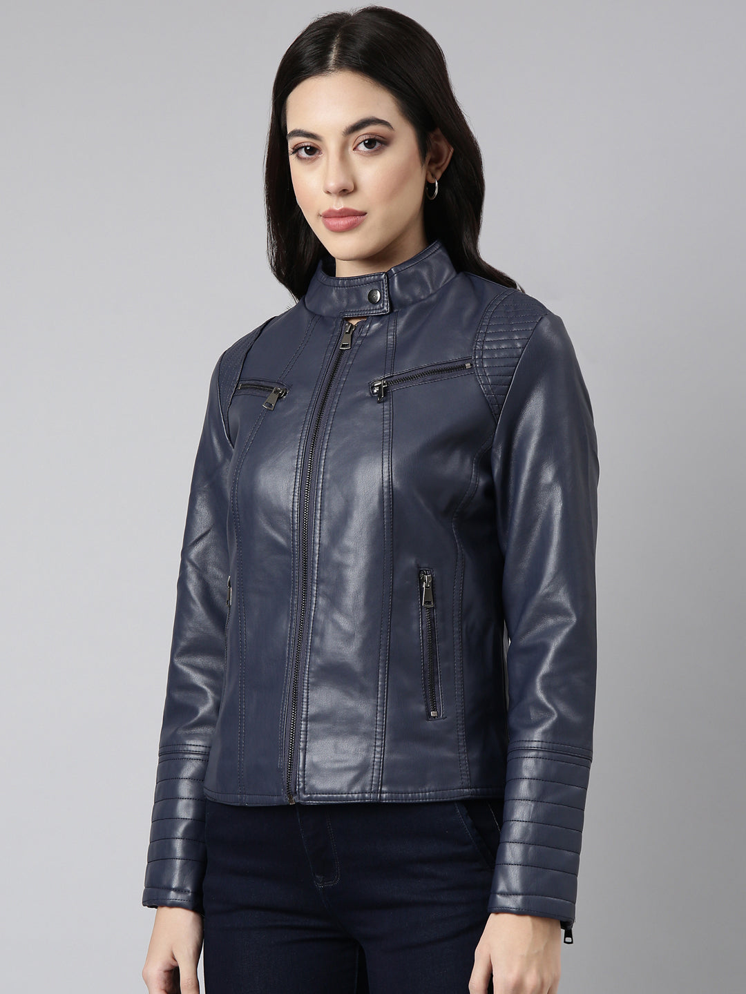Women's Navy Blue Stand Collar Windcheater Biker Jacket