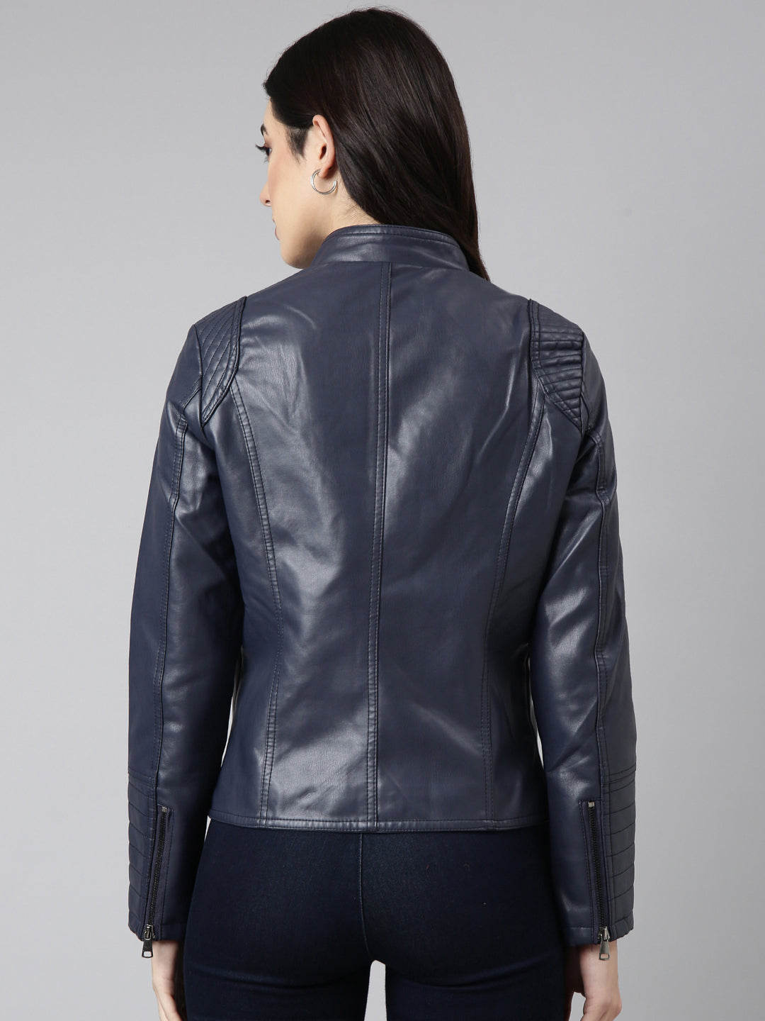 Women's Navy Blue Stand Collar Windcheater Biker Jacket