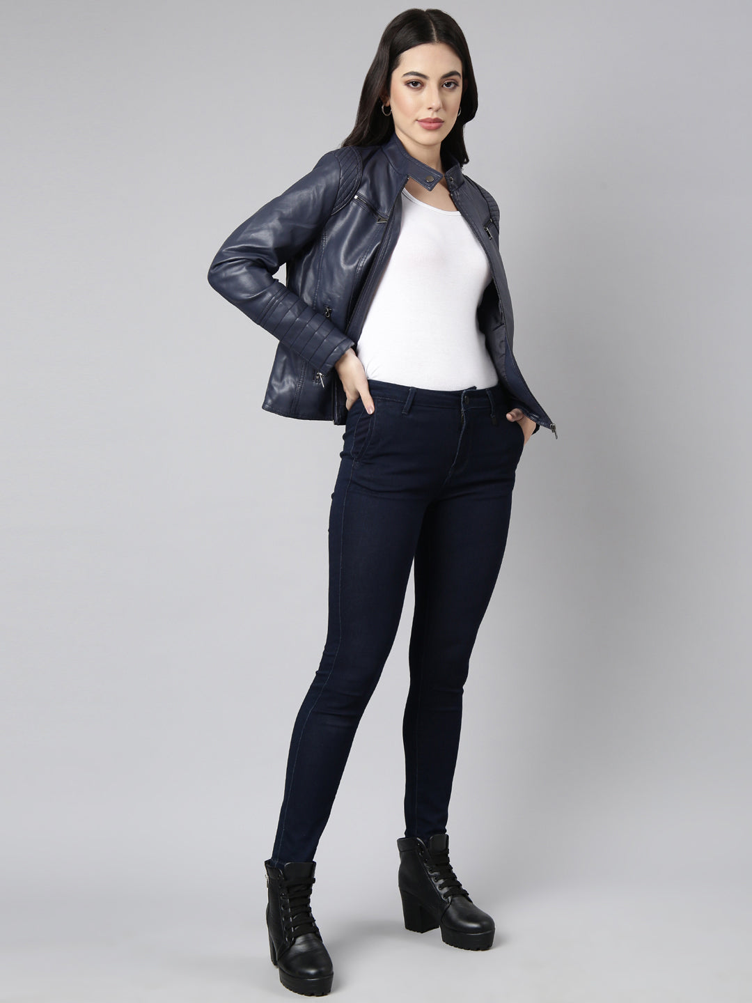 Women's Navy Blue Stand Collar Windcheater Biker Jacket