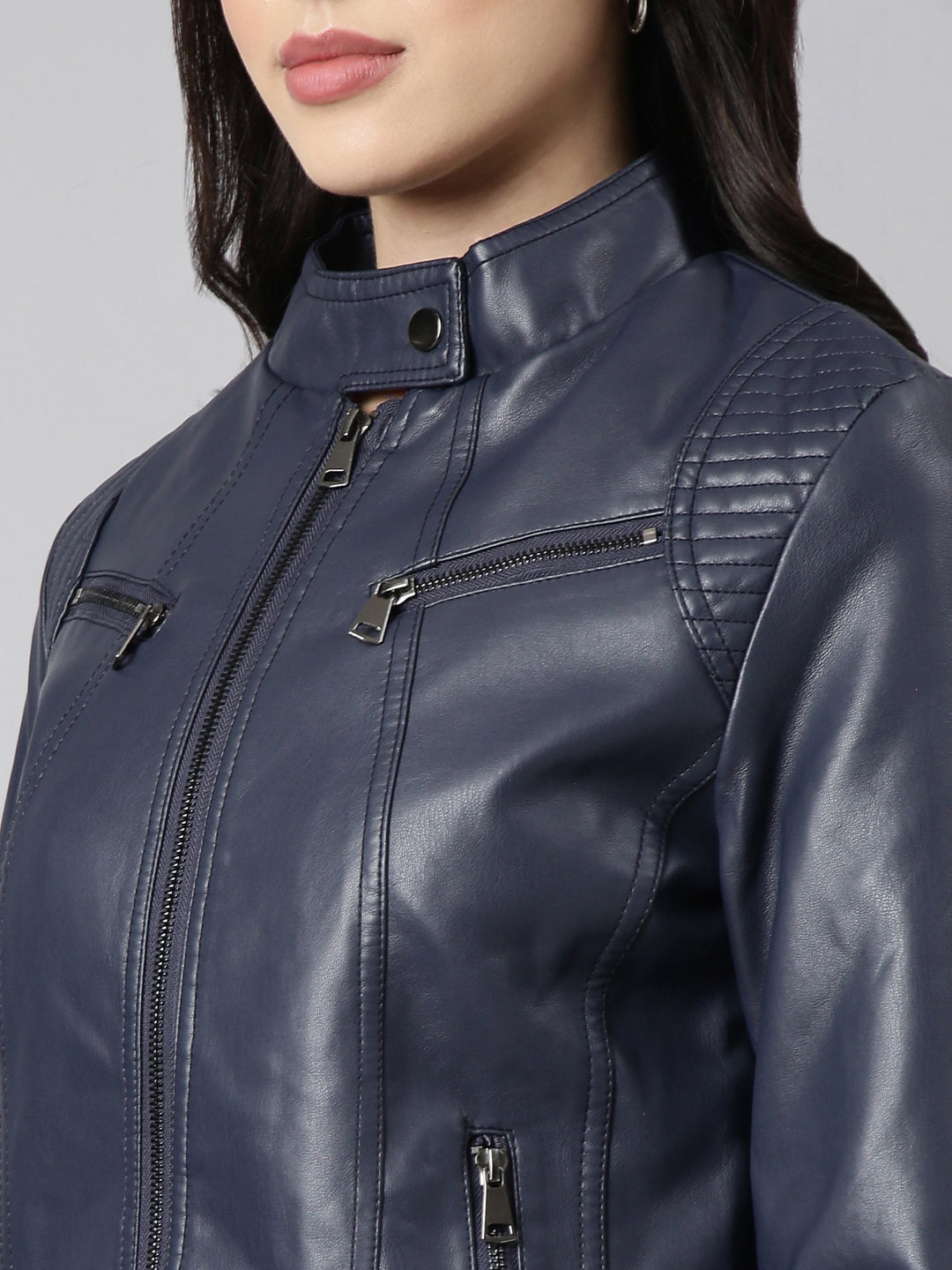Women's Navy Blue Stand Collar Windcheater Biker Jacket