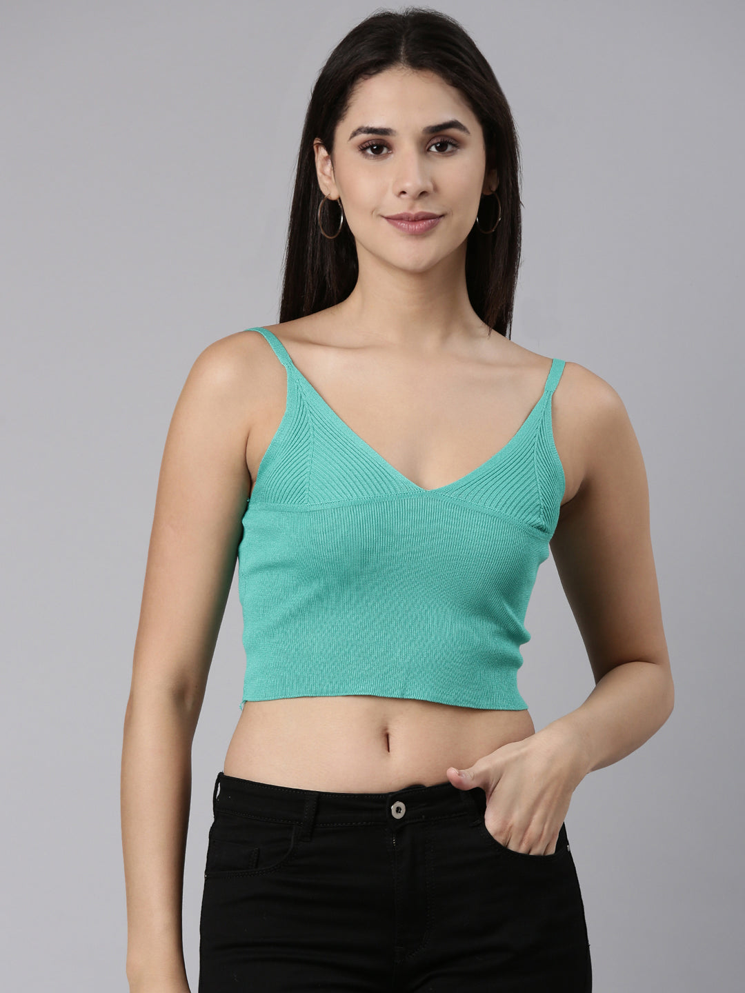 Women's Sea Green Shoulder Straps V-Neck Acrylic Crop Top